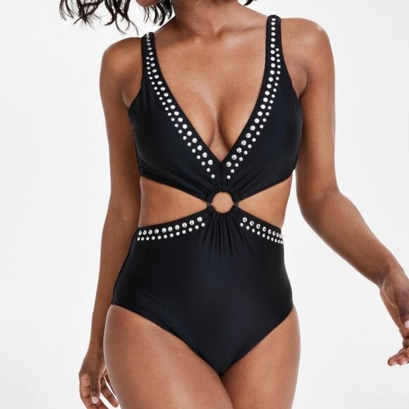 NWT Bar III Women's Studded One-Piece Swimsuit, Black With Silver - Picture 1 of 4